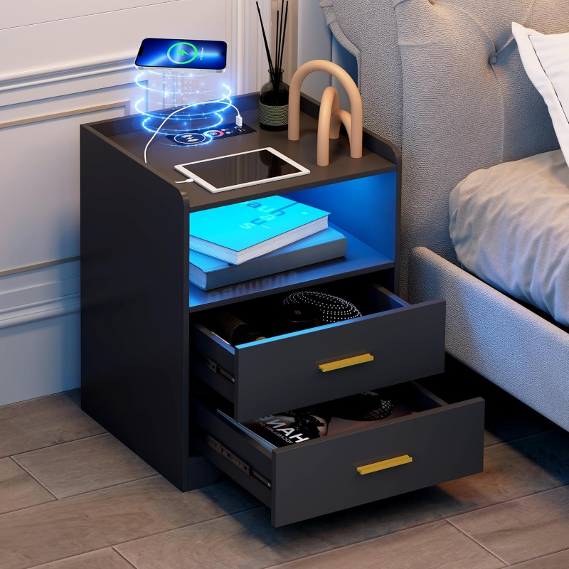 Solid Wood Nightstand 2 Drawers - Meja Nakas LED Hitam dengan Stasiun