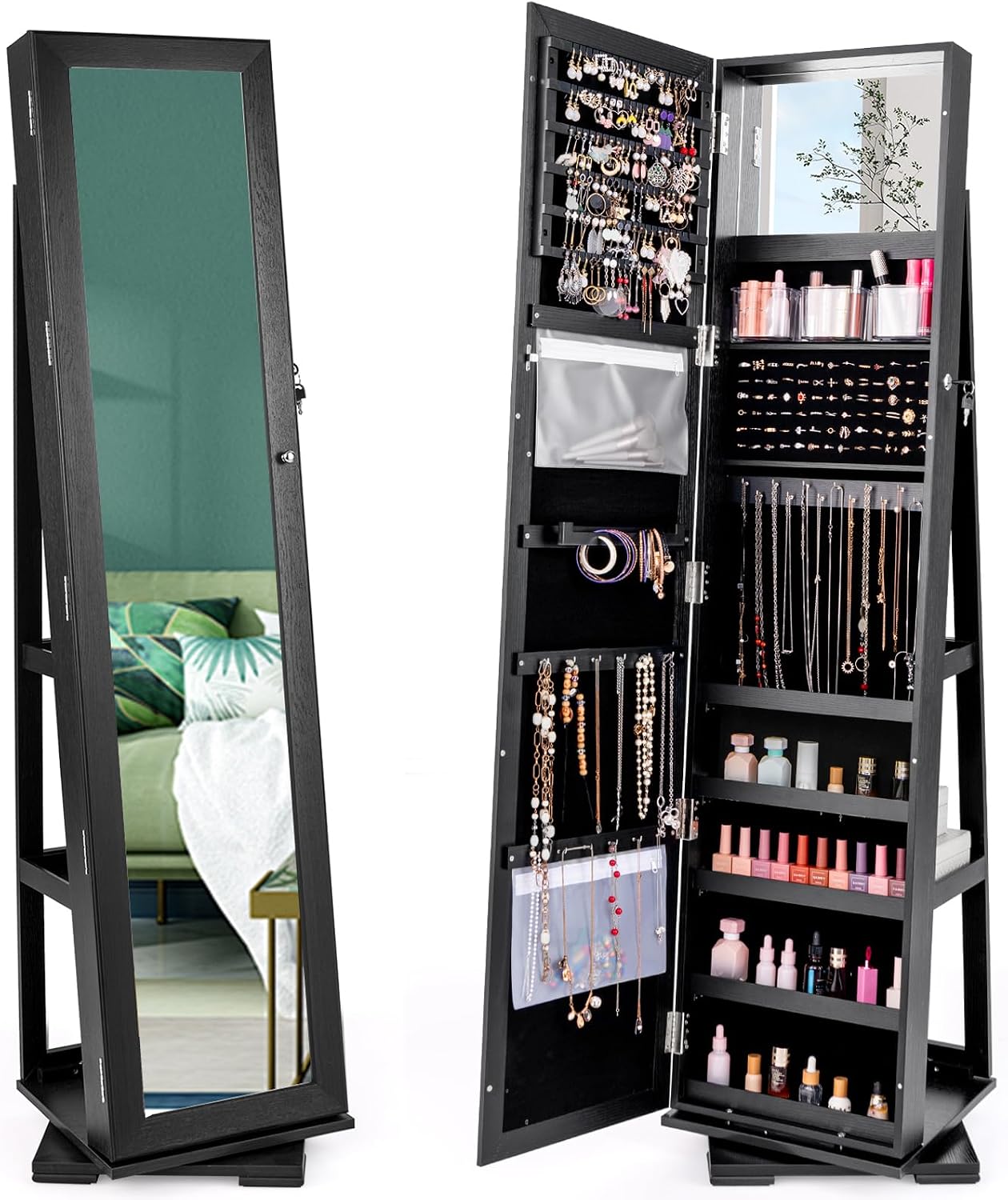 Full Length Mirror Jewelry Armoire - Lemari Perhiasan Hitam Beroda, Dapat Dikunci,