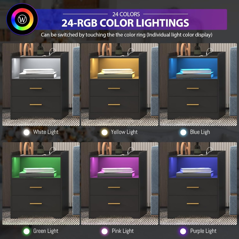 Meja Nakas LED Hitam dengan St - Solid Wood Nightstand 2 Drawers ulasan dan harga