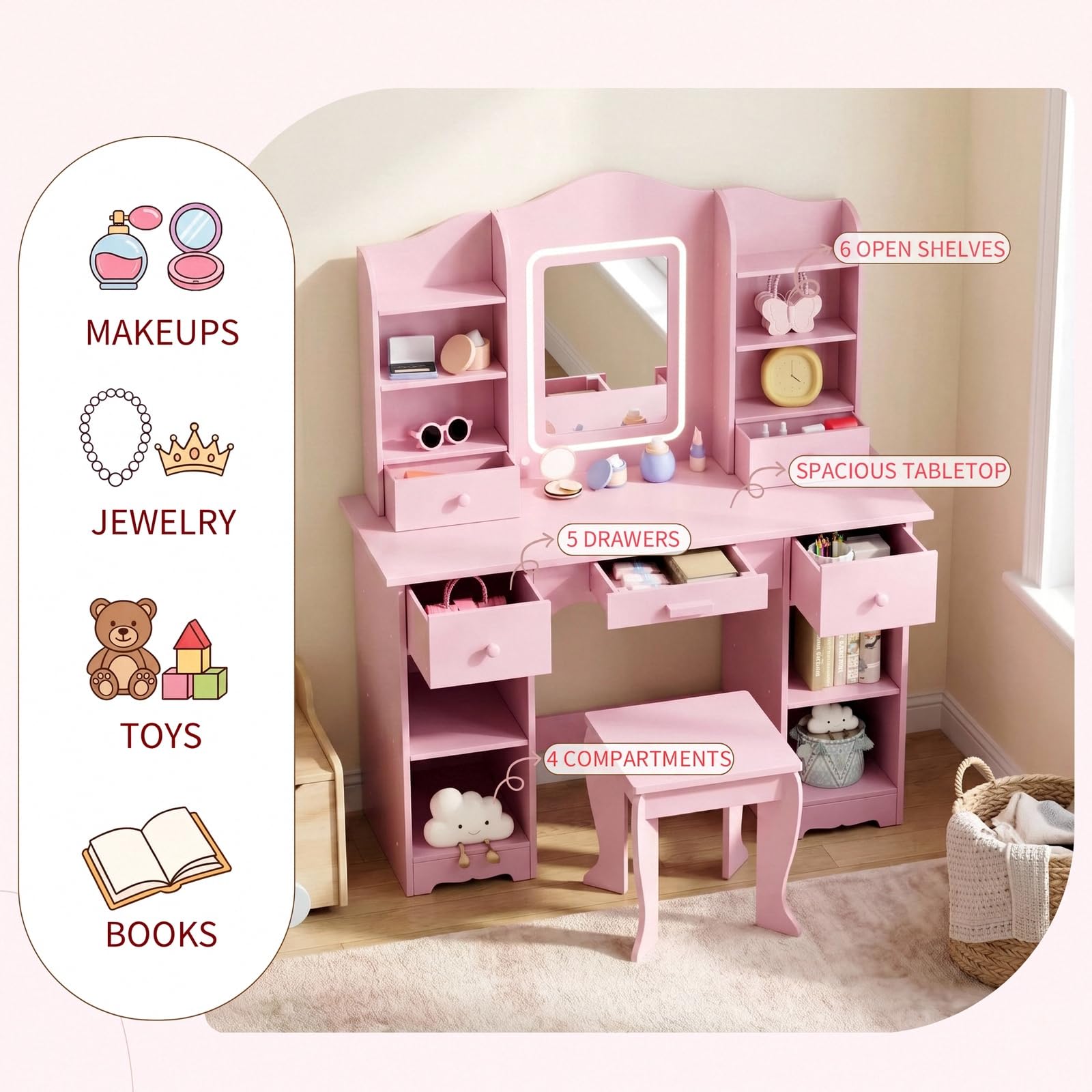 Meja Rias Anak dengan Lampu 3  - Dressing Table Vanity With Lighted Mirror ulasan dan harga