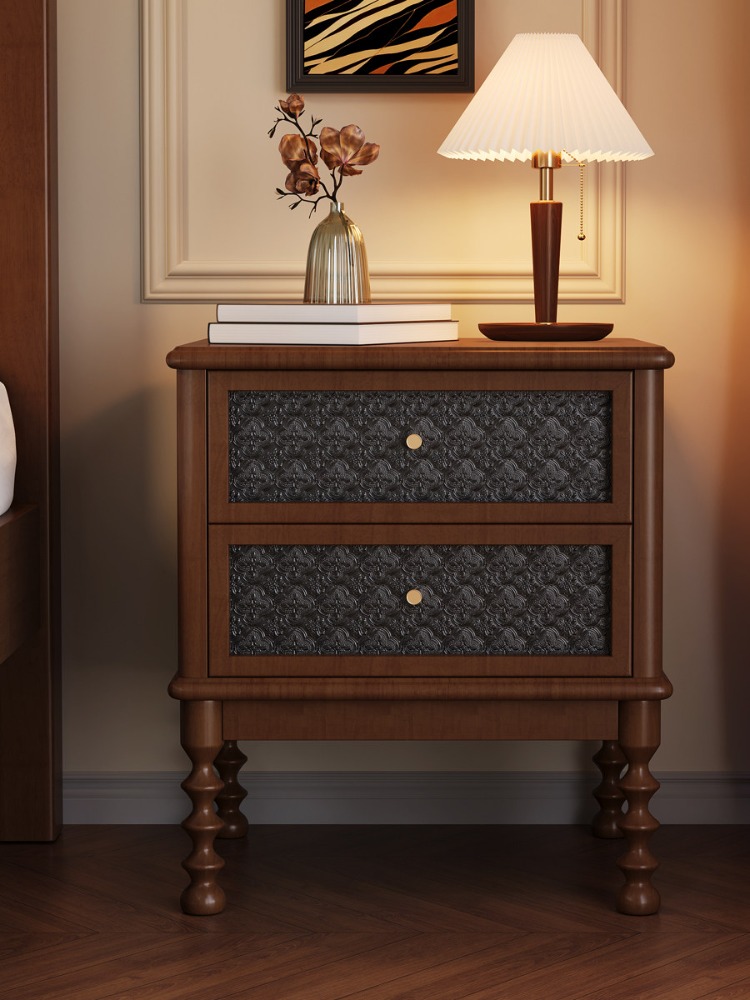 Meja Nakas Vintage Kaca Cetak  - Solid Wood Nightstand 2 Drawers ulasan dan harga