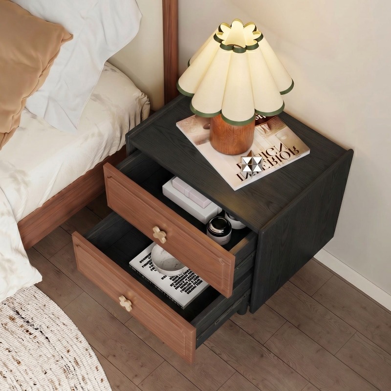 Meja Nakas Kayu Solid Hitam un - Solid Wood Nightstand 2 Drawers ulasan dan harga