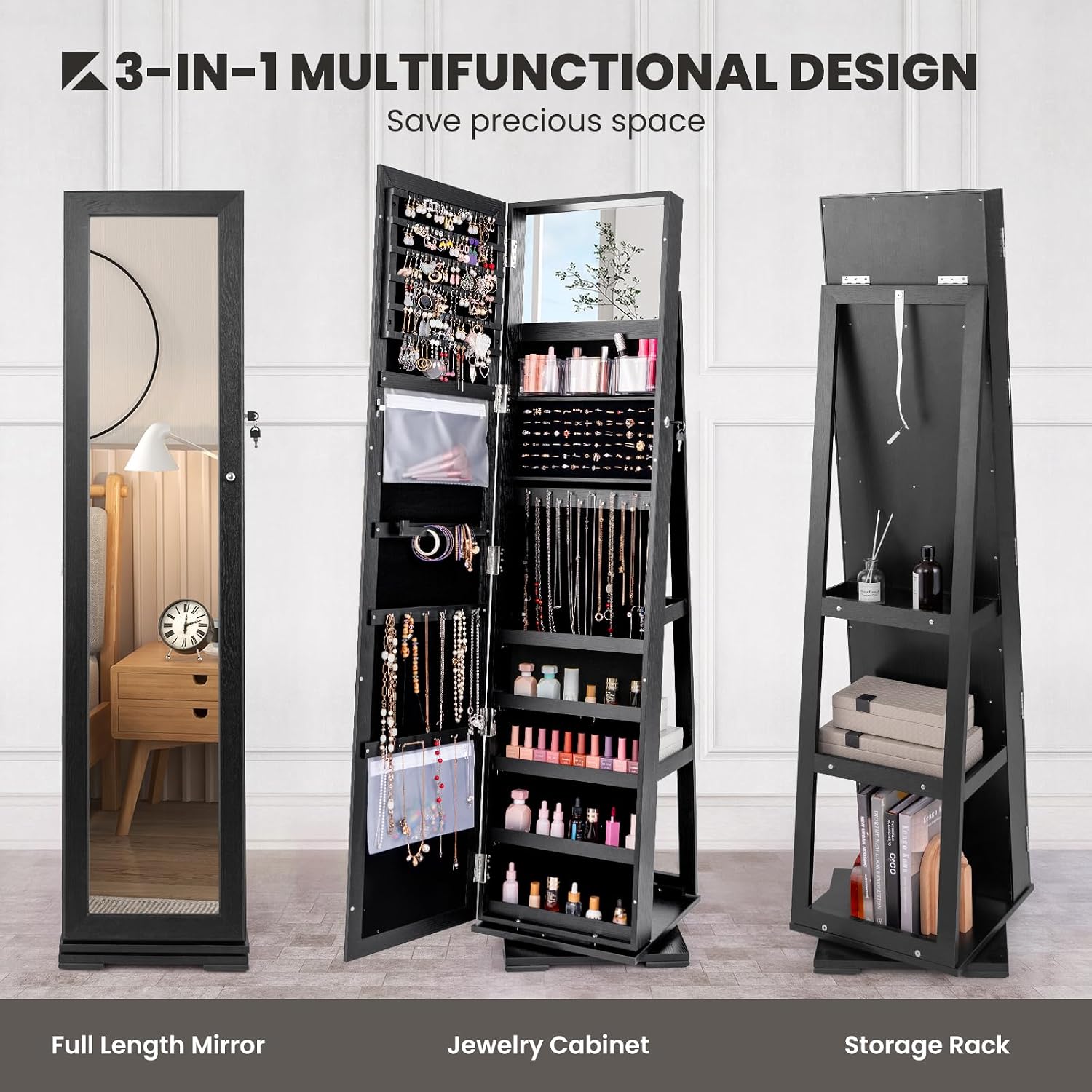 Lemari Perhiasan Hitam Beroda, - Full Length Mirror Jewelry Armoire ulasan dan harga